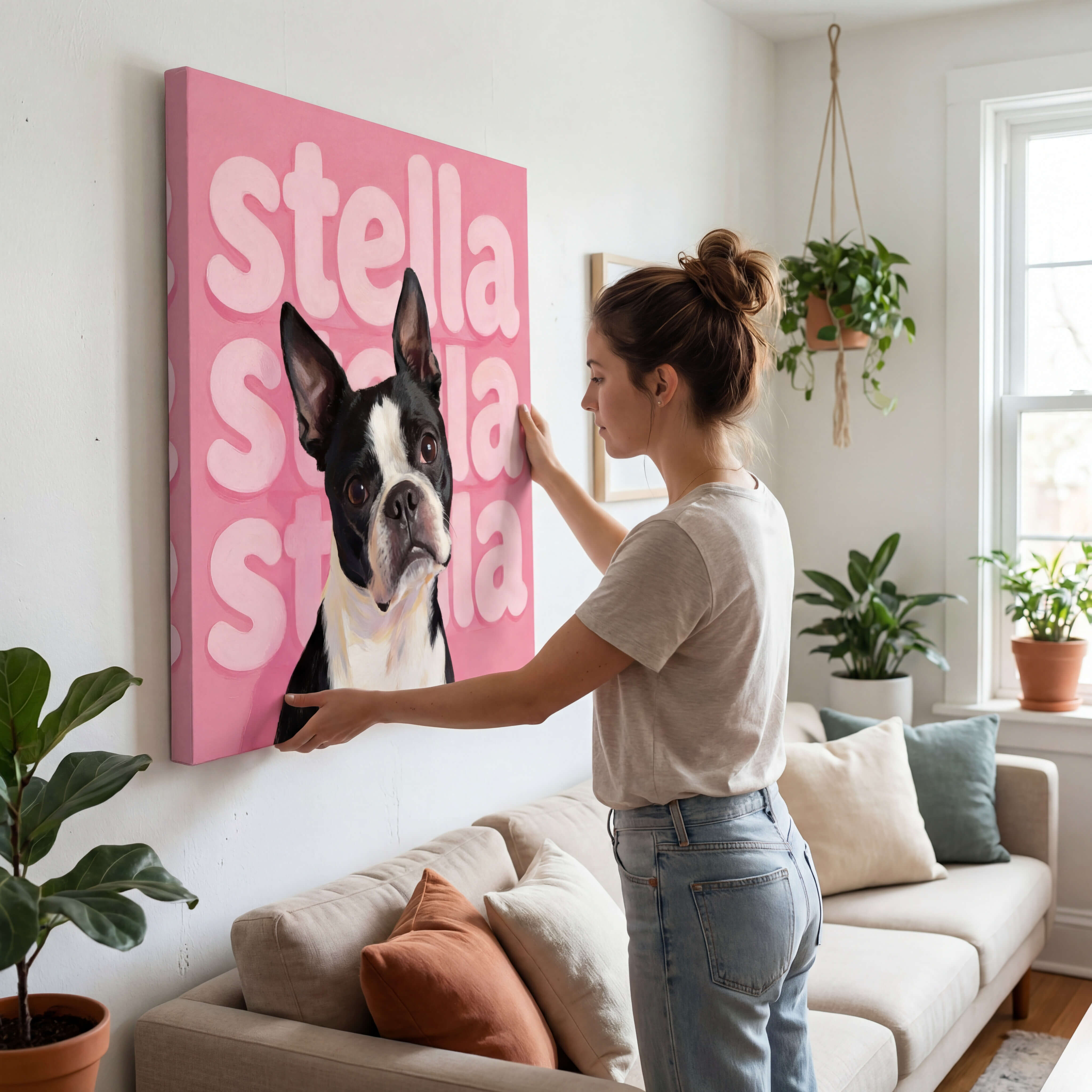 Framed pet portrait on display